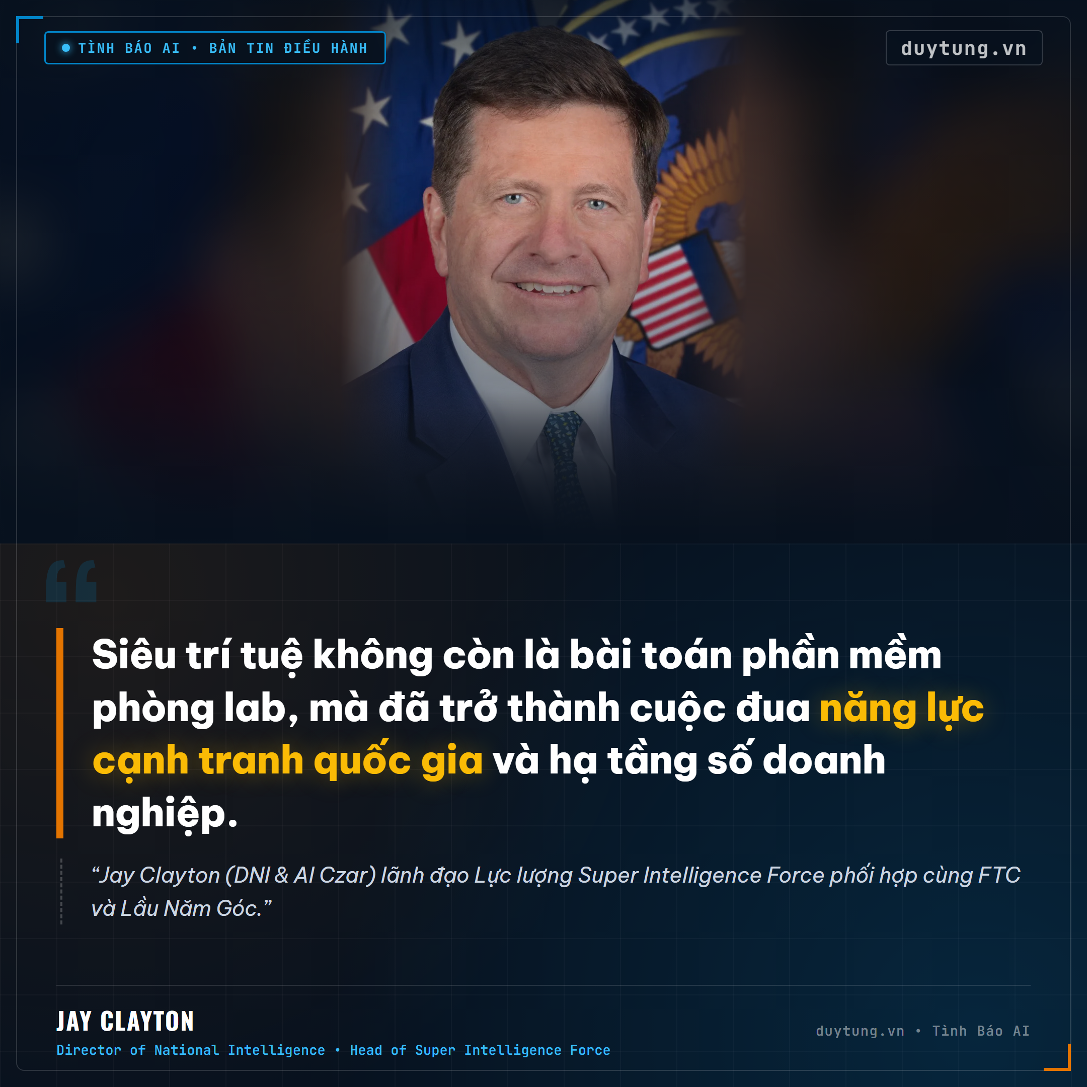 Phát ngôn và định hướng của Giám đốc Tình báo Quốc gia Jay Clayton về Super Intelligence Force