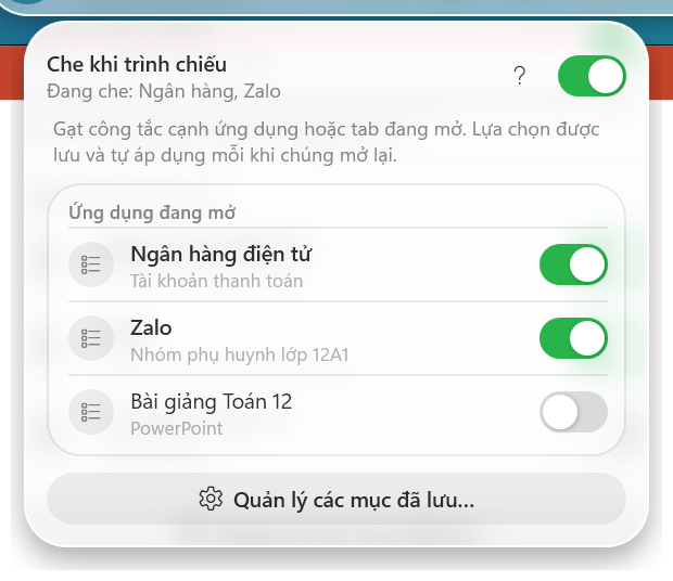 Danh sách ứng dụng gạt công tắc để che