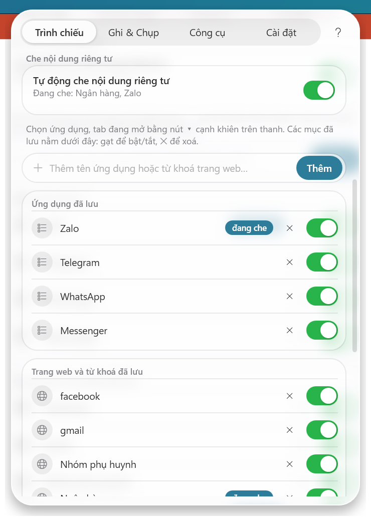 Giao diện phần che nội dung