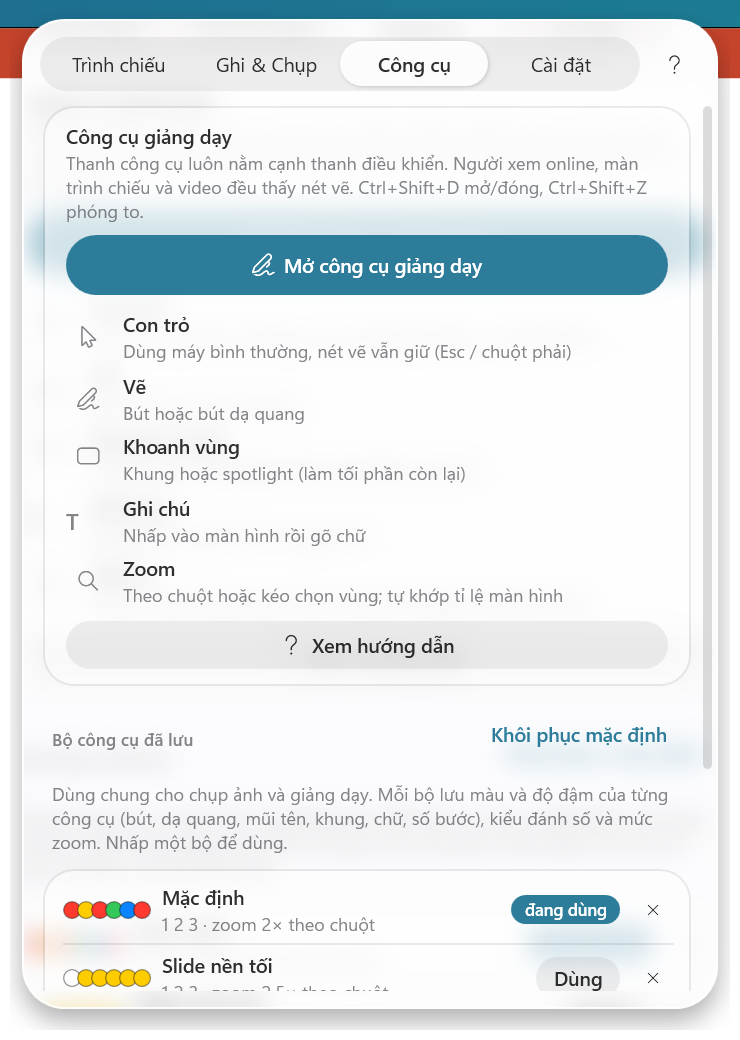Giao diện tab Công cụ