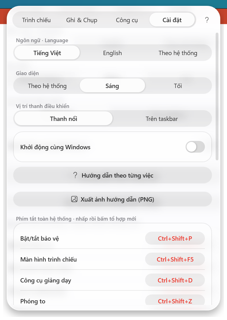 Giao diện tab Cài đặt