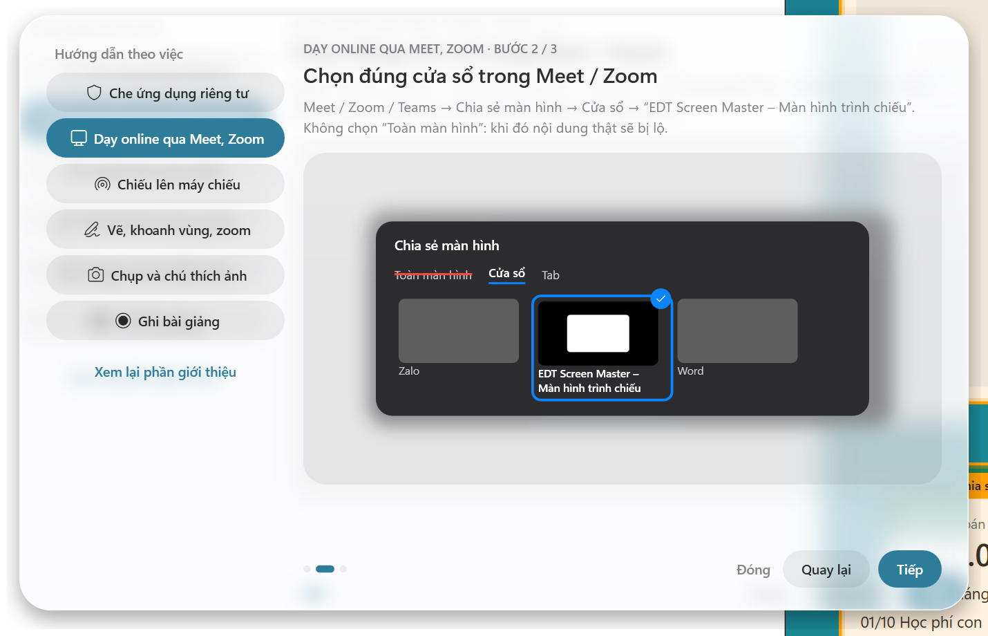Giao diện hướng dẫn theo từng việc trong ứng dụng