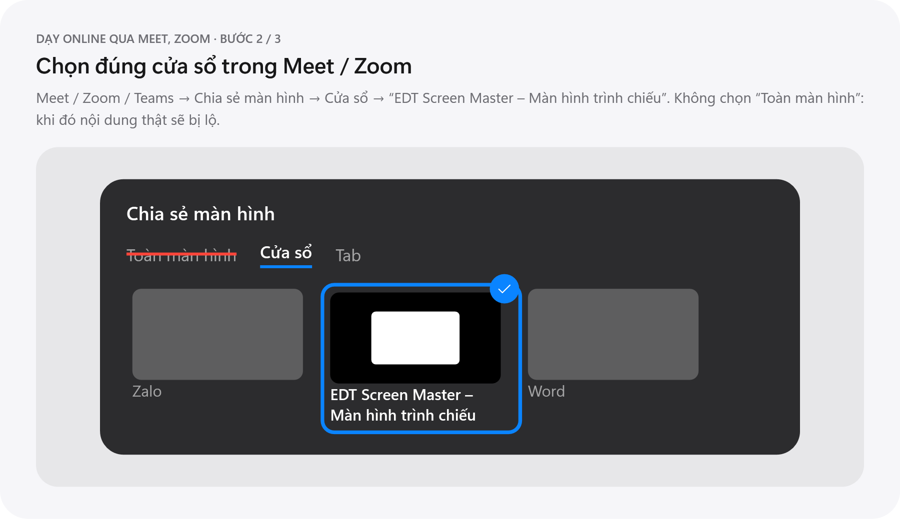 Chọn chia sẻ đúng cửa sổ EDT Screen Master trên phần mềm họp